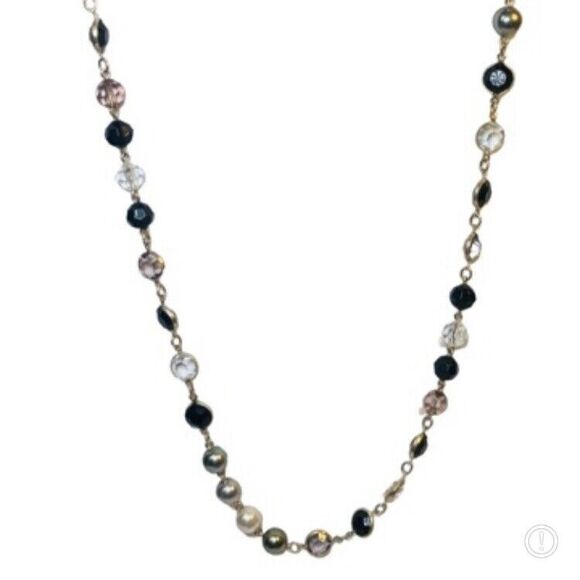 Vintage Black & White Rivoli Beaded Layering Necklace 60" Silver Tone - Picture 6 of 12
